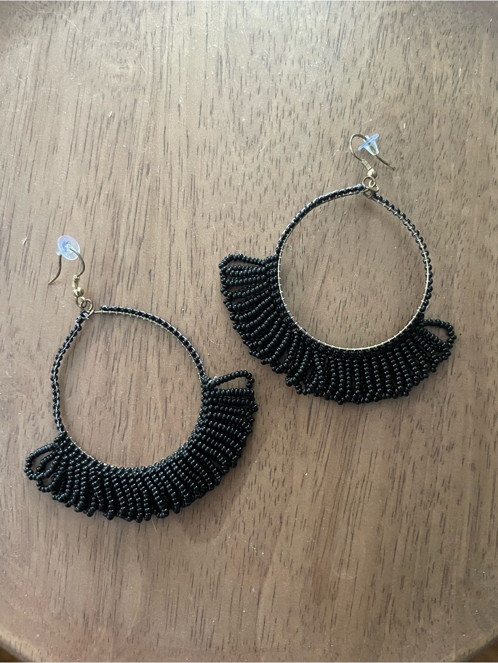 Fringed Black Beaded Hoop Earrings